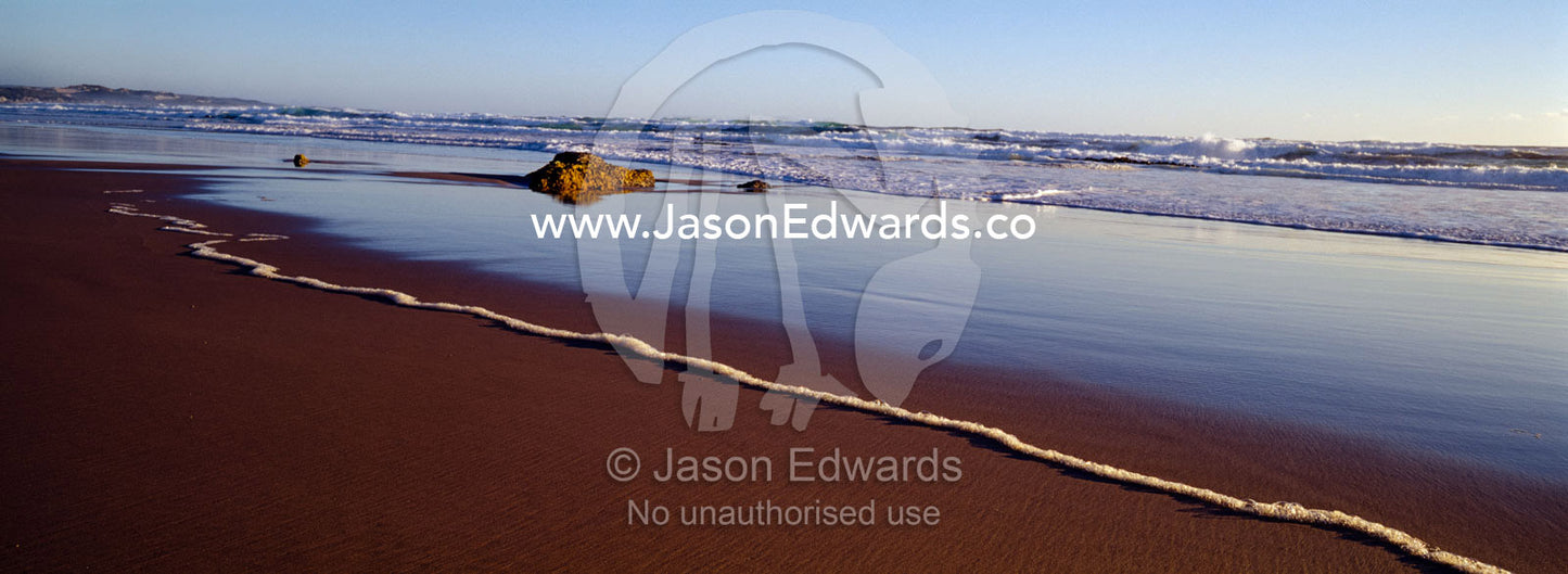 Waves deposit nutrient rich foam along a remote beach at low tide. South West Conservation Area, Tasmania, Australia.