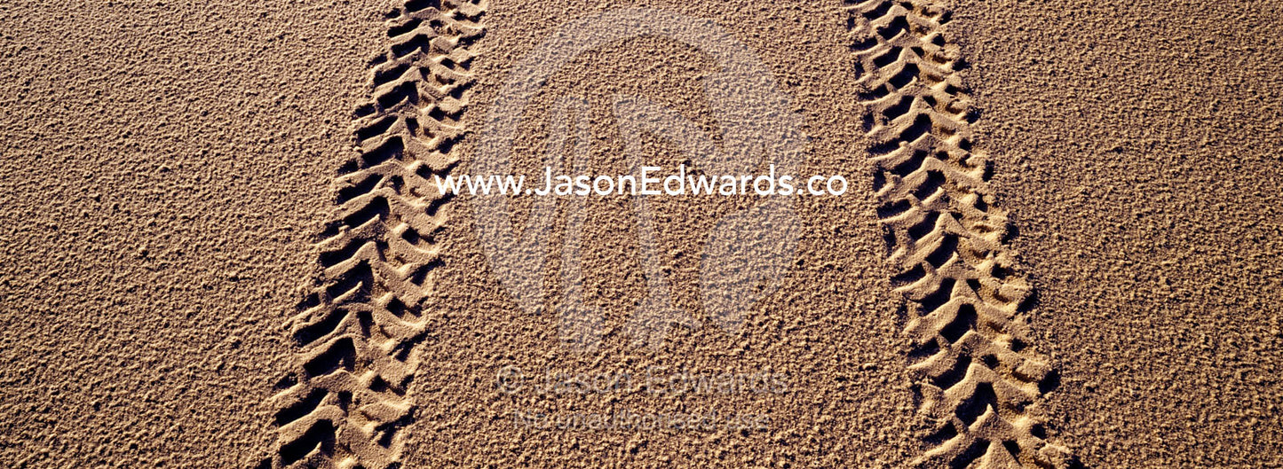Motorbike tracks dissect the sands of a remote beach at low tide. South West Conservation Area, Tasmania, Australia.