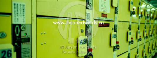 Impersonal storage lockers fill the upper levels of Ikebukuro Station. Tokyo, Japan.