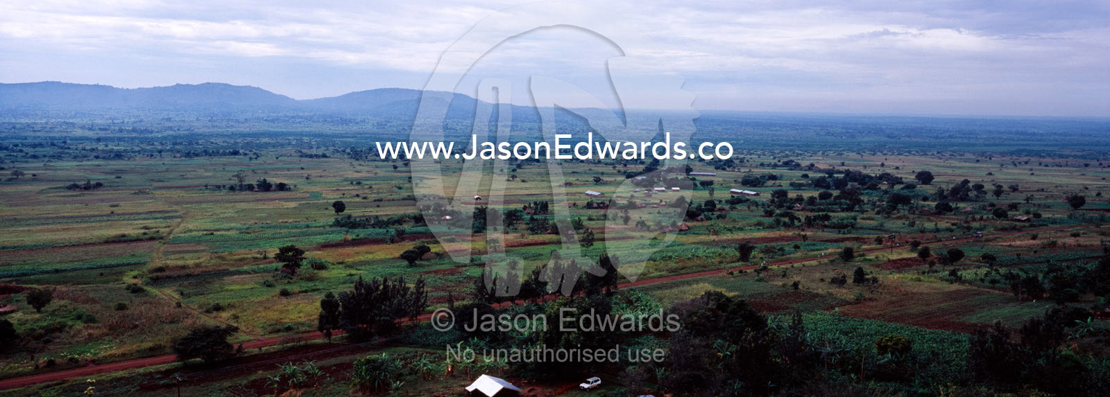 An aerial view of rich, lush African farmland and village huts. Tororo District, Uganda.