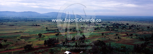 An aerial view of rich, lush African farmland and village huts. Tororo District, Uganda.