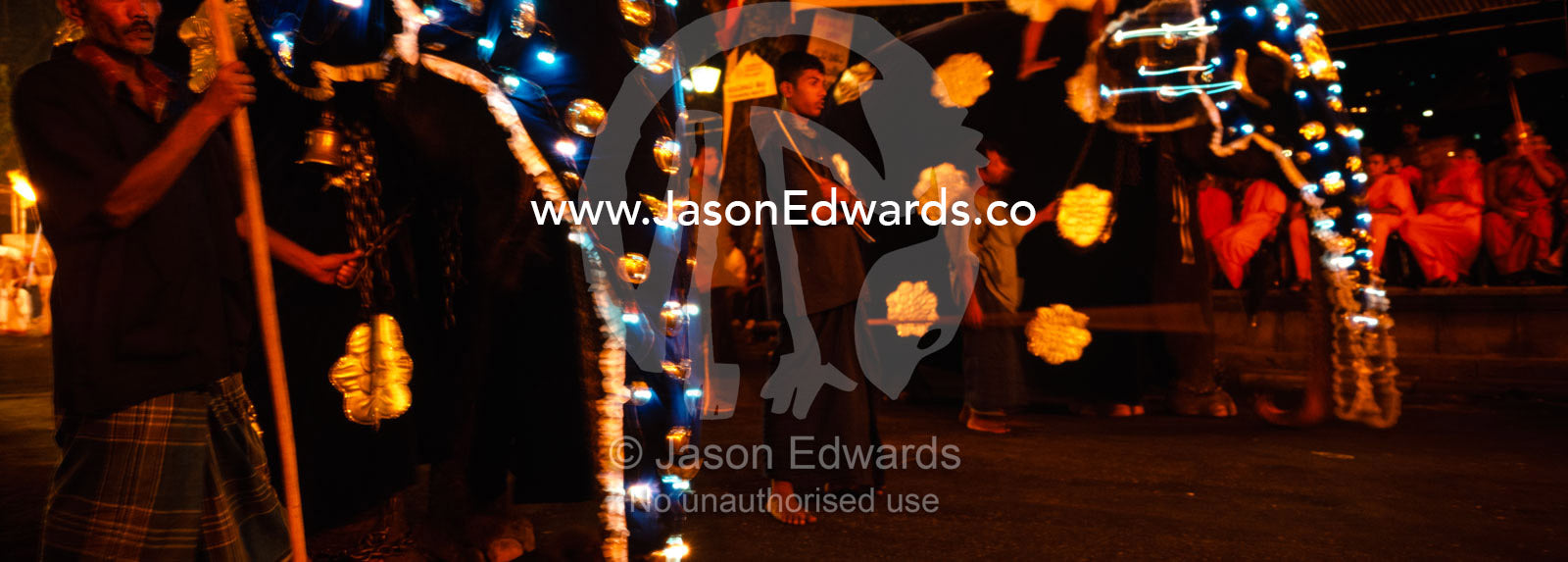 Asian elephants in colorful silk and lights at the Esala Perahera. Kandy, Sri Lanka.