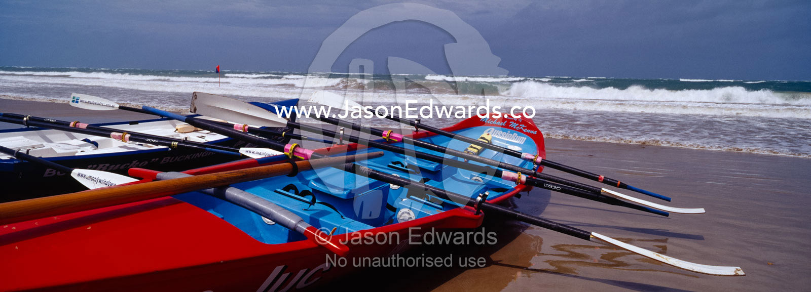 Surf boats prepared to race during the Australian Surf Boat titles. Torquay, Victoria, Australia.
