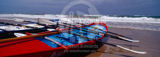 Surf boats prepared to race during the Australian Surf Boat titles. Torquay, Victoria, Australia.