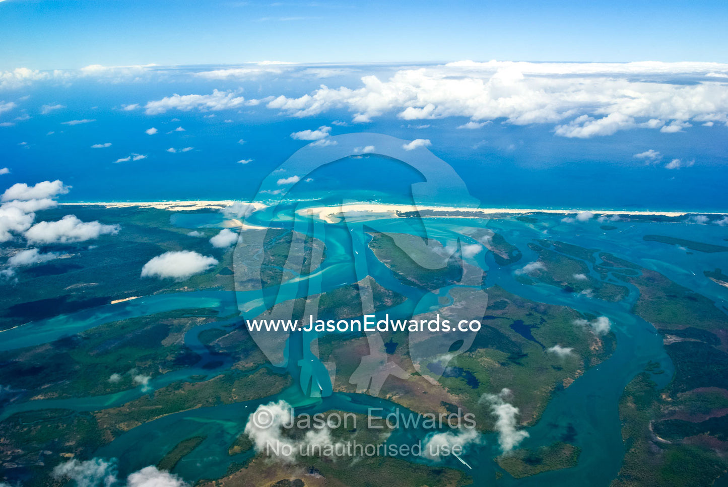 An aerial view of ocean channels piercing the Queensland coastline. Northern Queensland, Australia.