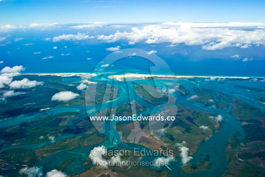 An aerial view of ocean channels piercing the Queensland coastline. Northern Queensland, Australia.