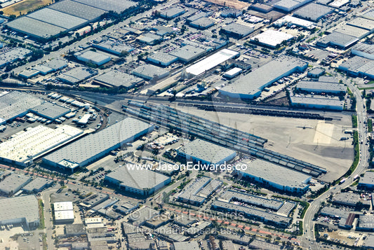 An aerial view of a transportation cargo district in Los Angeles. Los Angeles, California, United States of America.