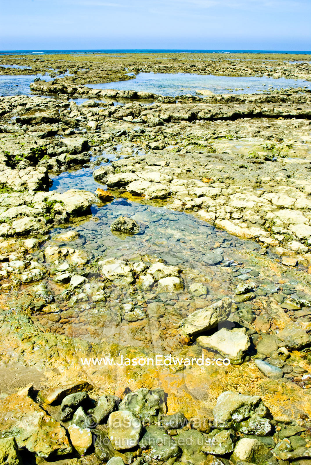 A rocky foreshore and tidal pools exposed to the sun at low tide. Cosy Corner, Torquay, Victoria, Australia.