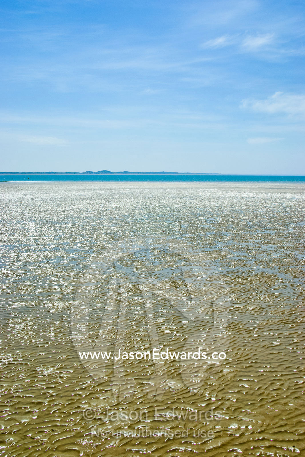 A beach exposed at low tide on a clear, blue summers day. Cosy Corner, Torquay, Victoria, Australia.