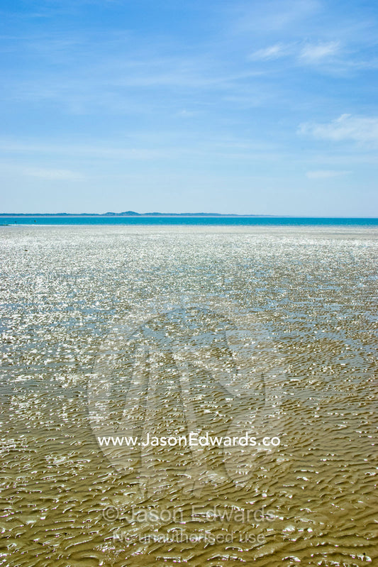 A beach exposed at low tide on a clear, blue summers day. Cosy Corner, Torquay, Victoria, Australia.