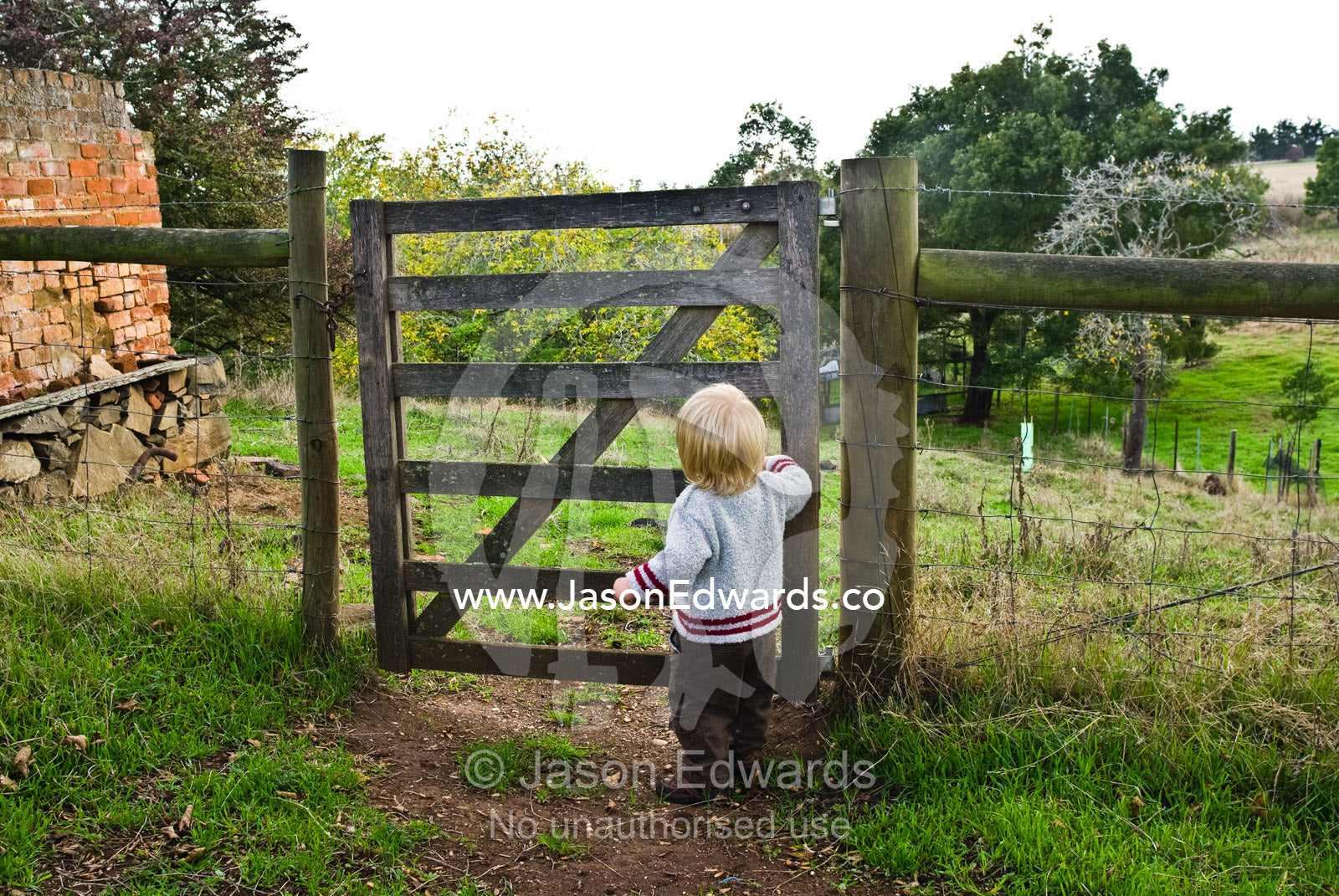 A toddler prepares to embark on an adventure through a farm gate. Woodhall, Tasmania, Australia.