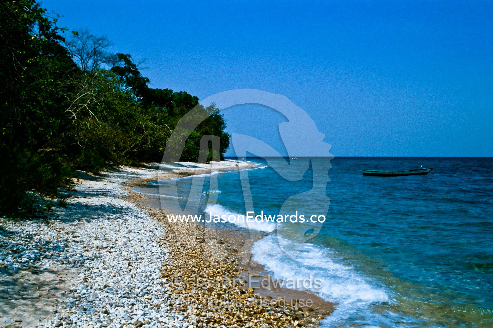 A fishing boat rests near the rainforest shoreline of Lake Tanganyika. Lake Tanganyika, Gombe Stream National Park, Tanzania.