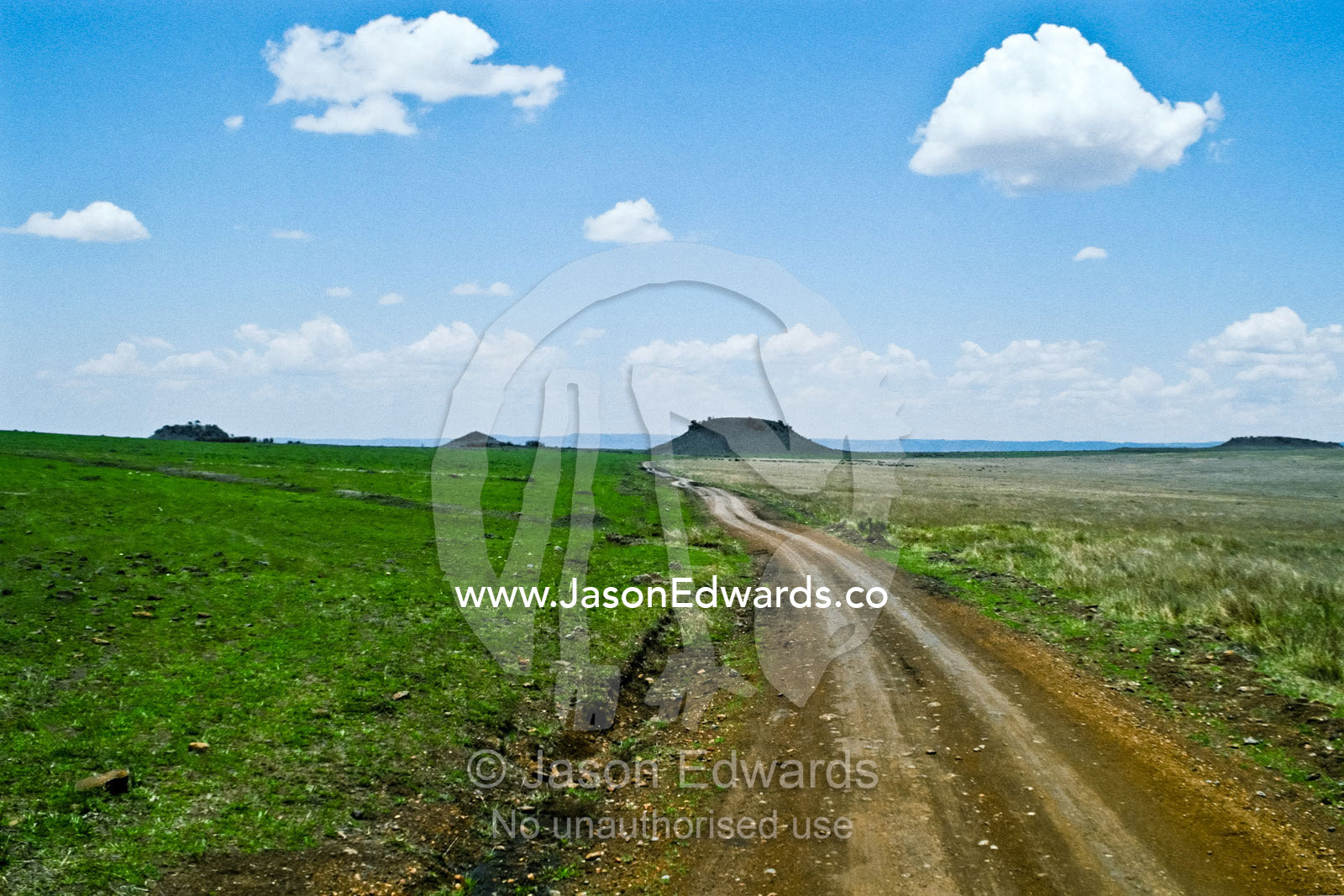 A dirt track crosses a savannah plain on the Great Rift Valley floor. Masai Mara Reserve, Kenya.