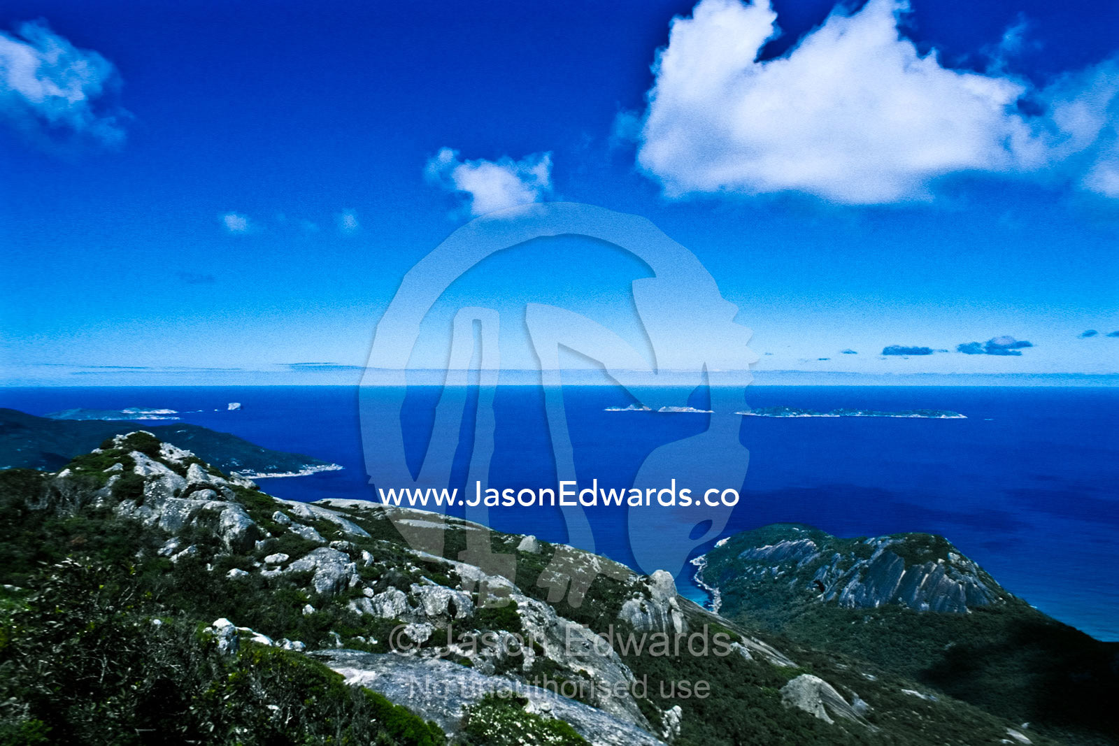 A clear summers day over Bass Strait from the summit of Mount Oberon. Wilsons Promontory National Park, Victoria, Australia.