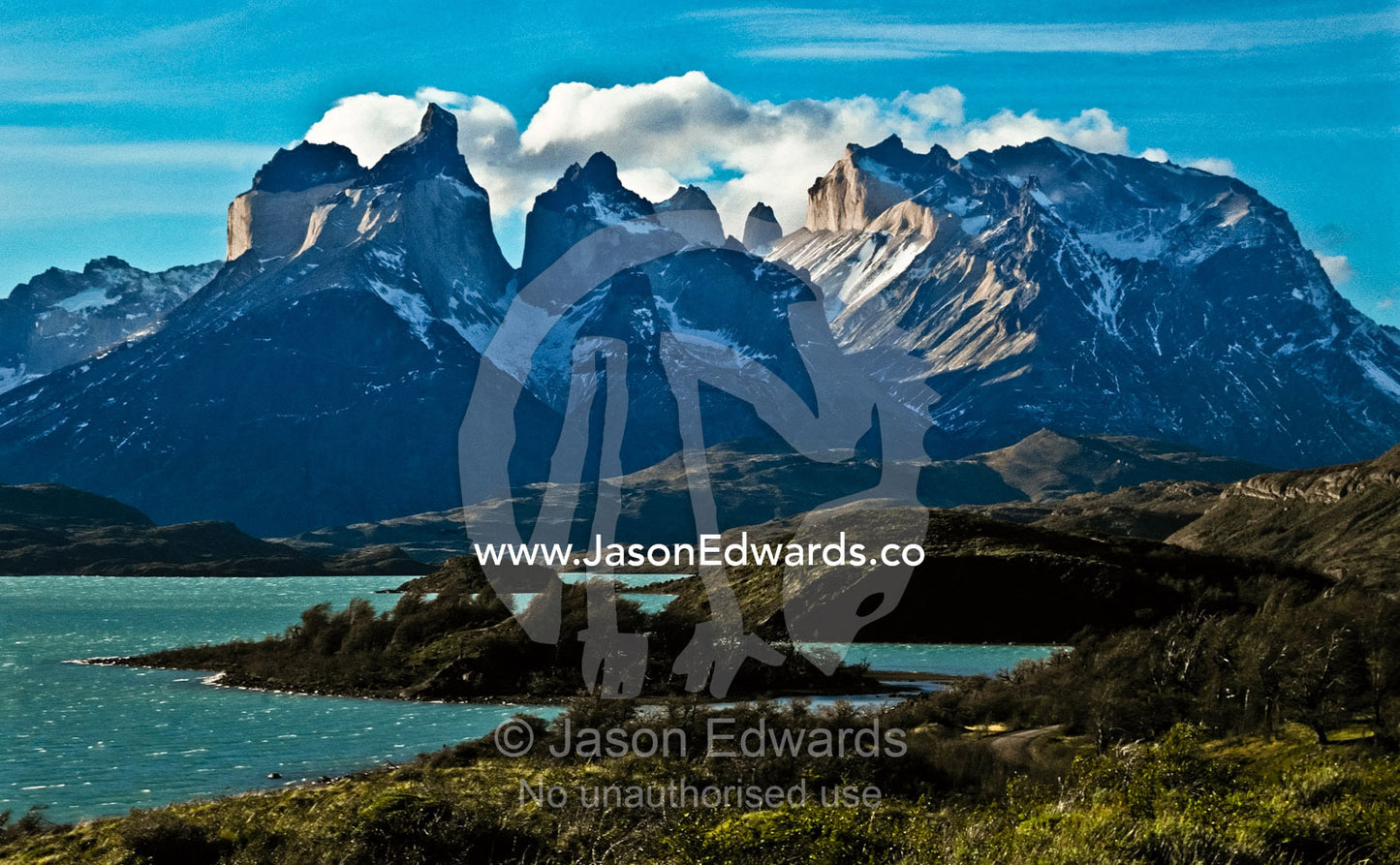 Cuernos del Paine, Paine Horns, over looking Laguna Azul, Blue lagoon. Torres del Paine National Park, Parque Nacional Torres del Paine, Chile.
