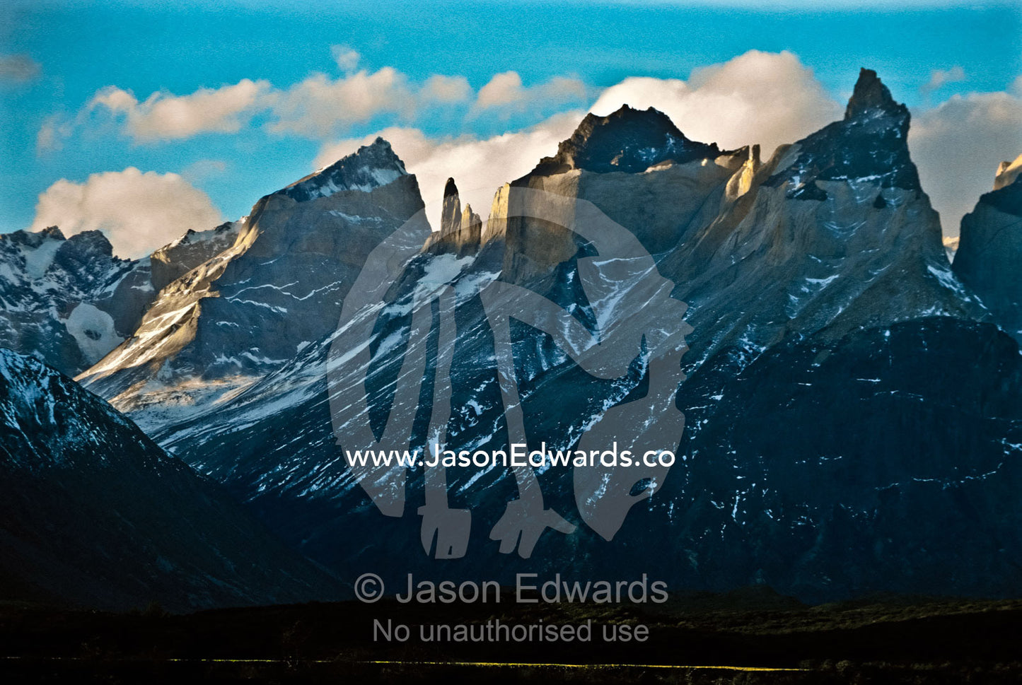 Cuernos del Paine, Paine Horns, over looking the Patagonian steppe. Torres del Paine National Park, Parque Nacional Torres del Paine, Chile.