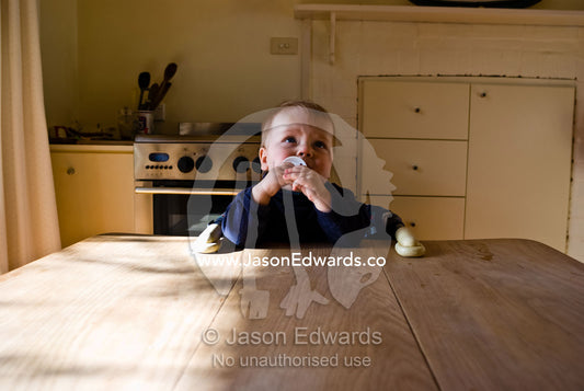 A baby chews on a teething ring whilst sitting at a dining table. Castlemaine, Victoria, Australia.