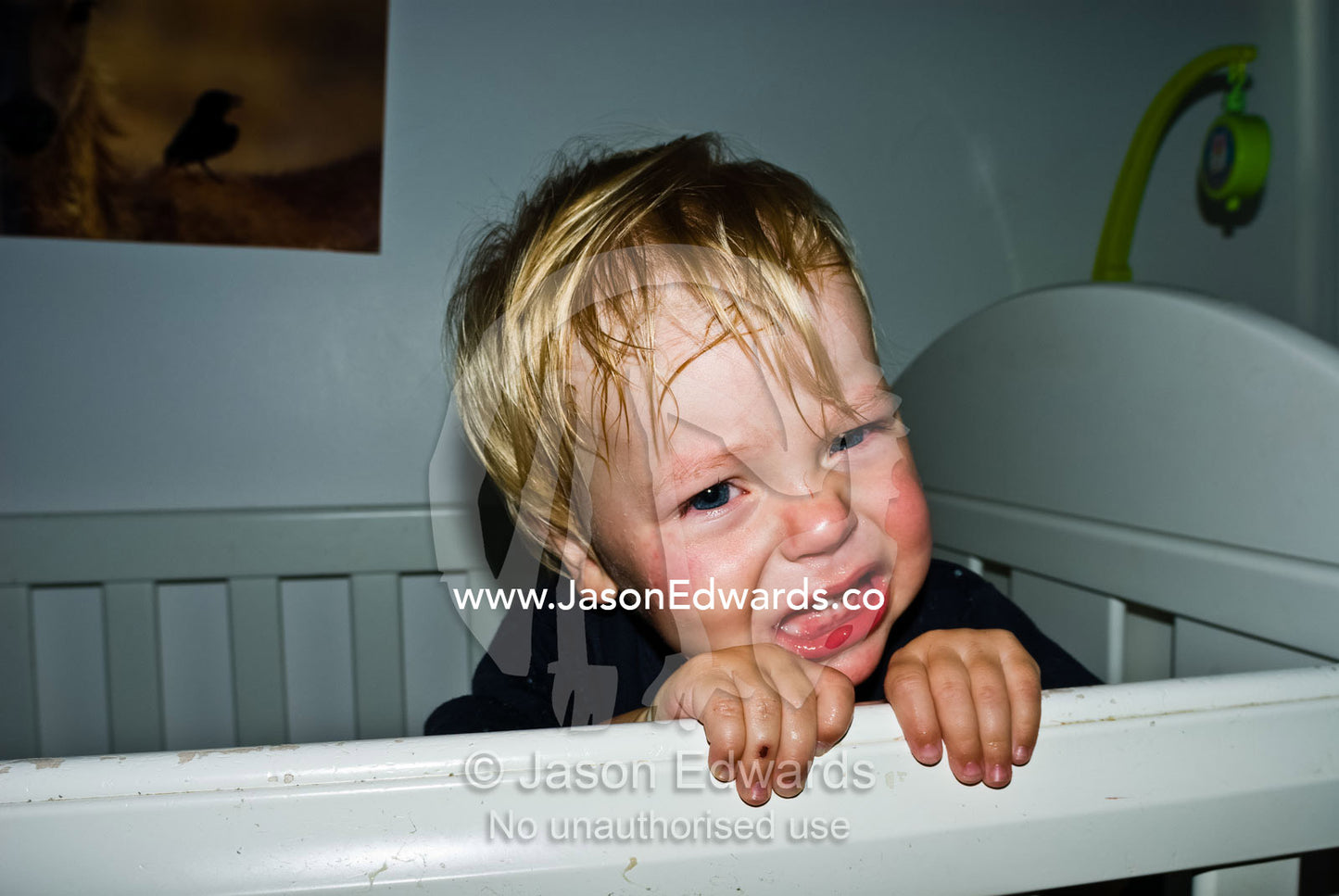 A crying and distressed young boy refuses to go to sleep in his cot. Carlton North, Victoria, Australia.