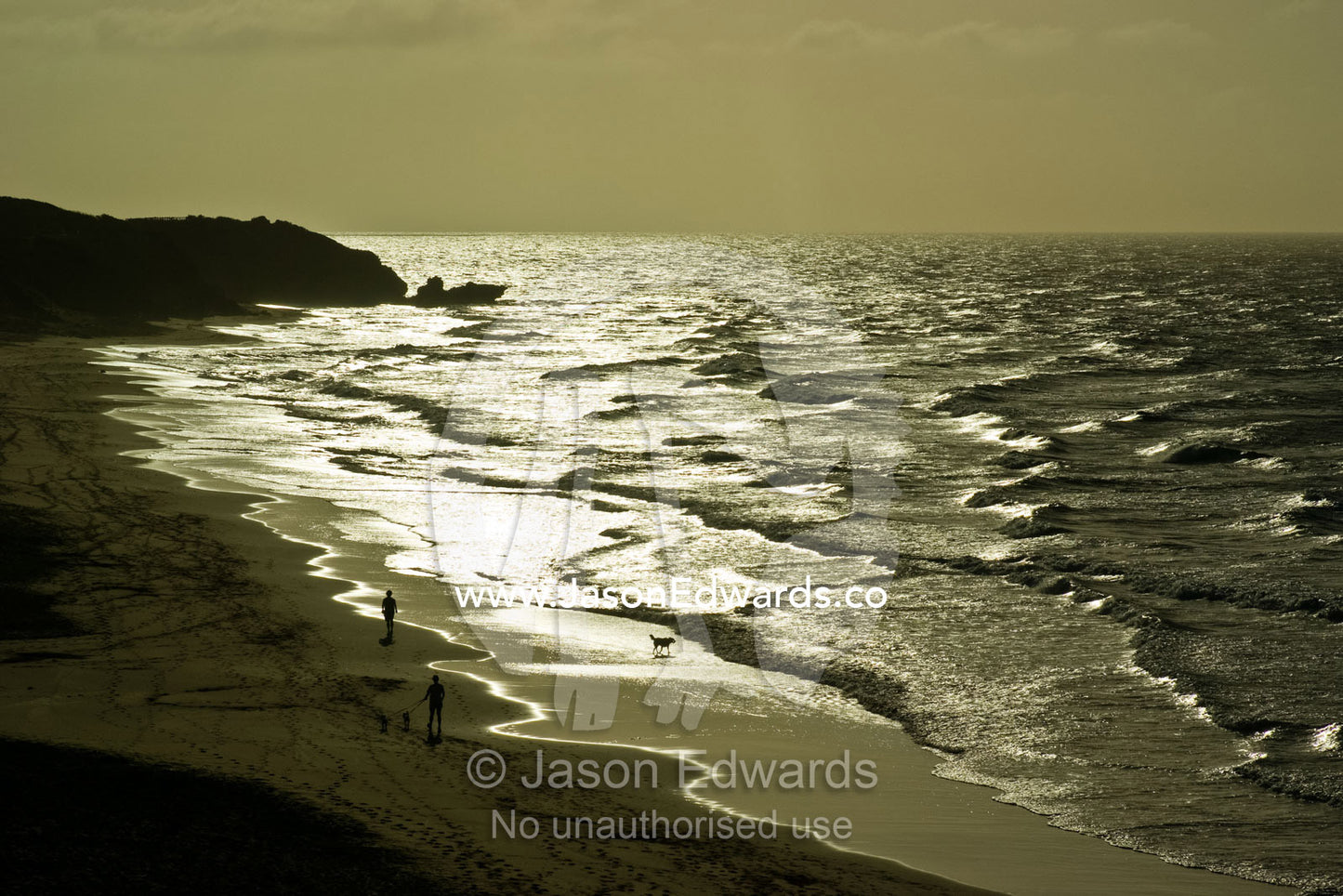 People exercise their dogs on a beach pounded by waves in the morning. Haystacks, Jan Juc, Surf Coast, Victoria, Australia.