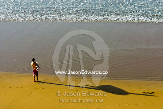 A lone surfer studies the morning swell deciding where to catch a wave Jan Juc, Surf Coast, Victoria, Australia.