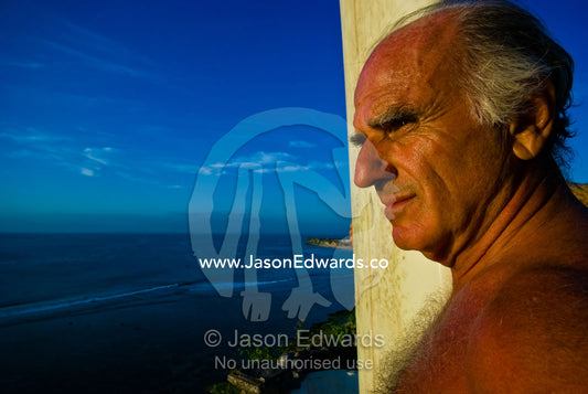 Italy's oldest surfer is a picture of health as he searches for waves. The Temple Lodge, Bukit Peninsula, Bali, Indonesia.