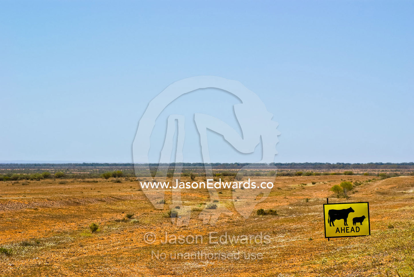 In the middle of nowhere a single sign warns of cattle crossing a road Outback western New South Wales, Australia.