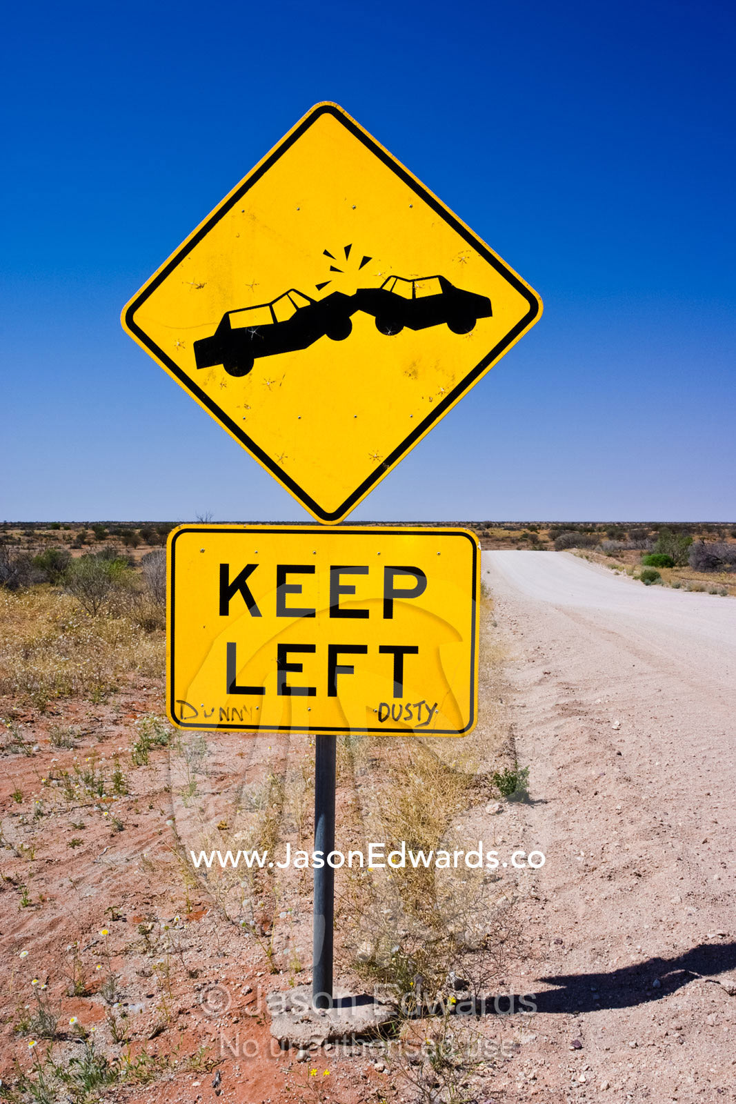 Desert sign posts remind travelers which side of the road to drive on. Cameron Corner, New South Wales, Australia.
