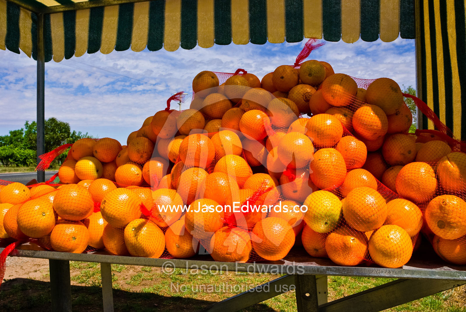 Bags of freshly picked oranges for sale in a farm roadside stall. Mildura, Victoria, Australia