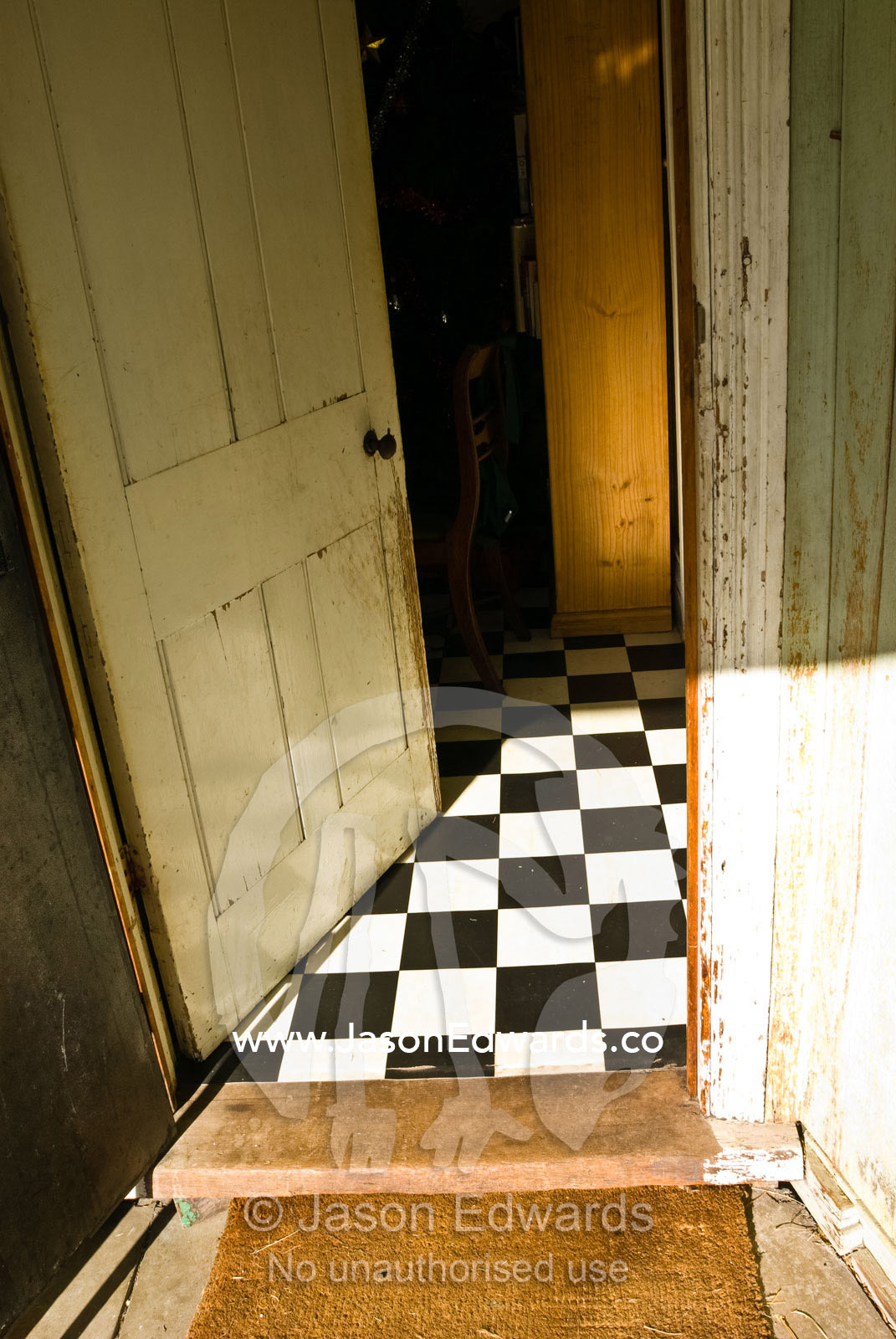 Looking a laundry back door onto a chequered linoleum floor. Malvern East, Victoria, Australia.