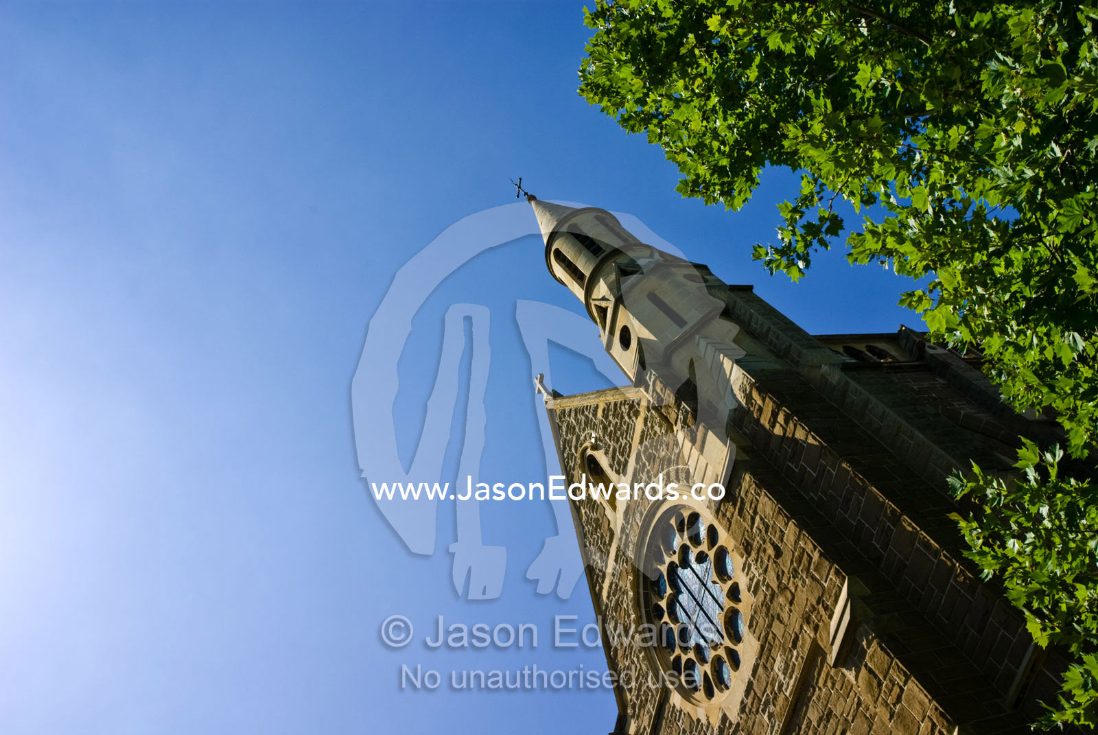 A church steeple rises above the trees on a clear summers day. Collingwood, Victoria, Australia.