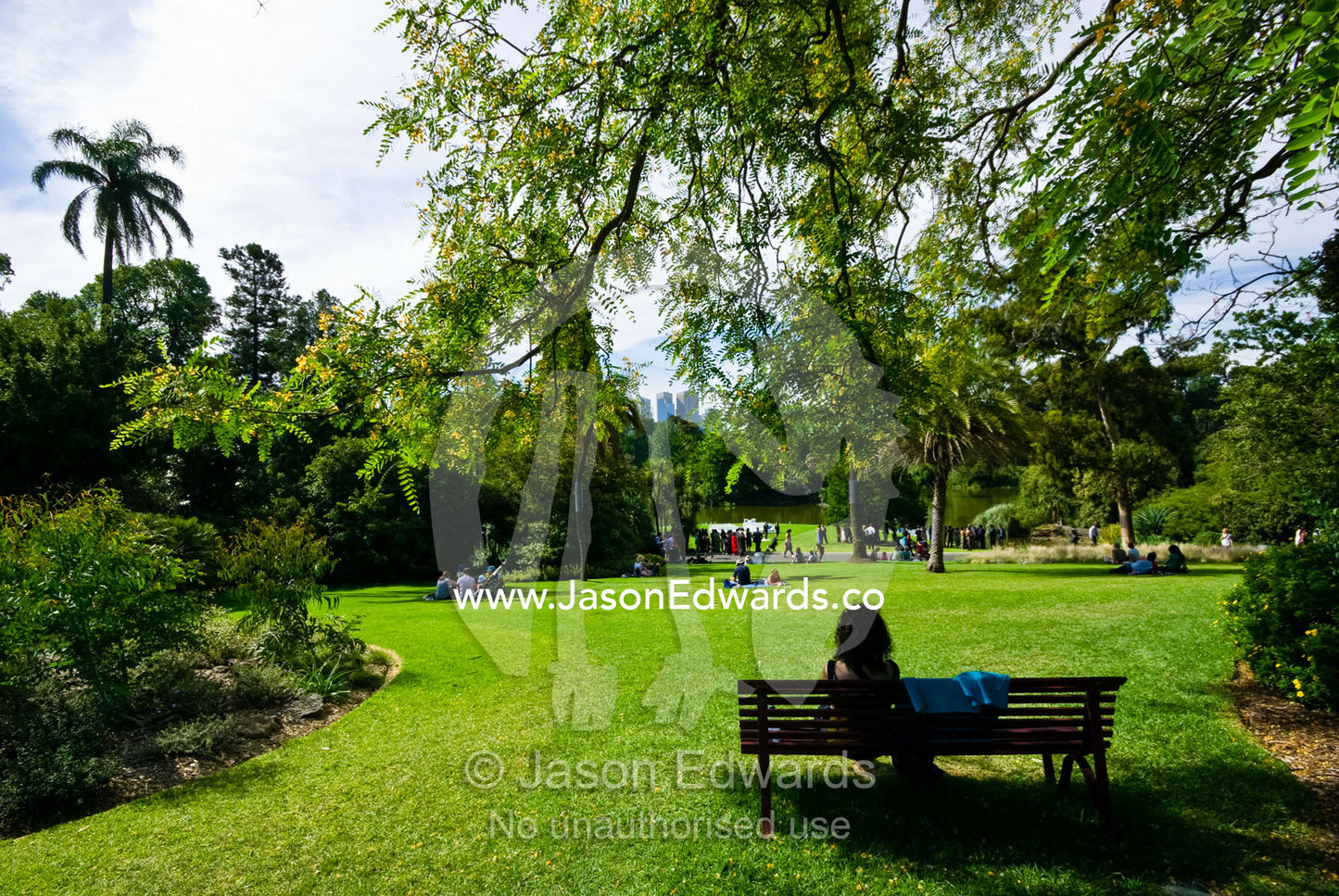 People relaxing in the weekend sun in a tree-filled inner city park. Royal Botanic Gardens, Melbourne, Victoria, Australia.