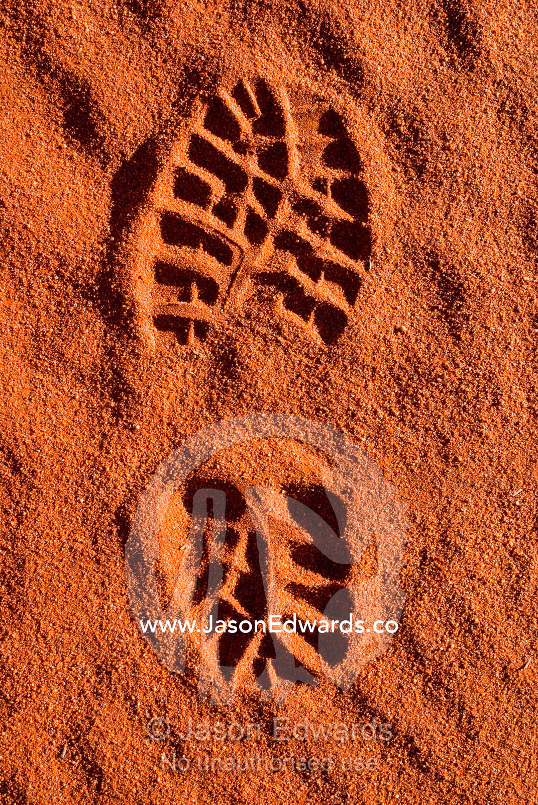 A lone hikers footprint in the red desert sand of outback Australia. Sturt National Park, New South Wales, Australia.
