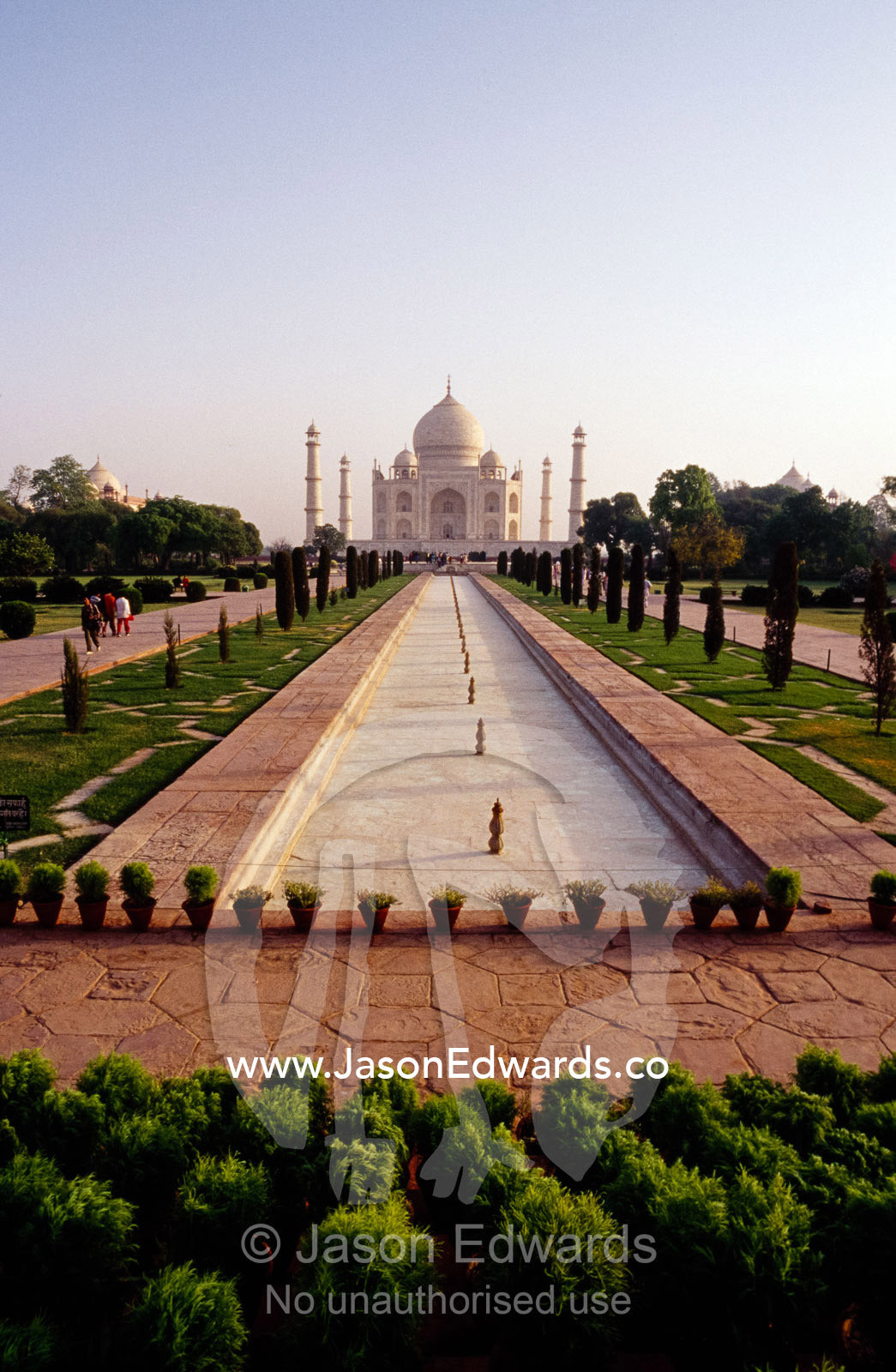 The reflecting pool in the charbagh or Mughal garden at the Taj Mahal. Taj Mahal, Agra, India.