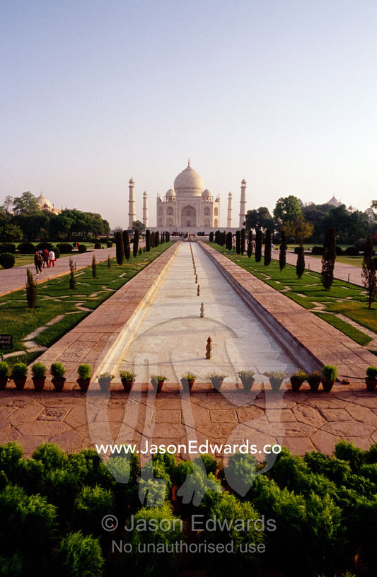The reflecting pool in the charbagh or Mughal garden at the Taj Mahal. Taj Mahal, Agra, India.