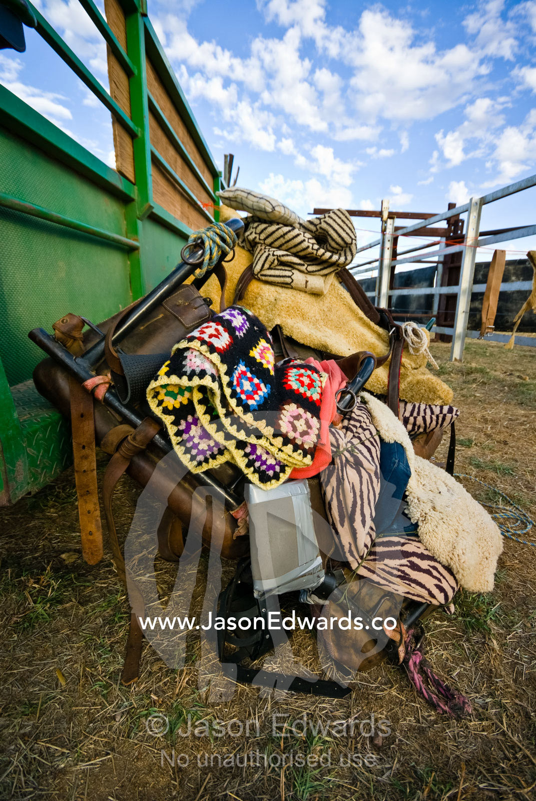 A padded racing saddle and harness used to ride a Dromedary Camel. Hughenden, Queensland, Australia.
