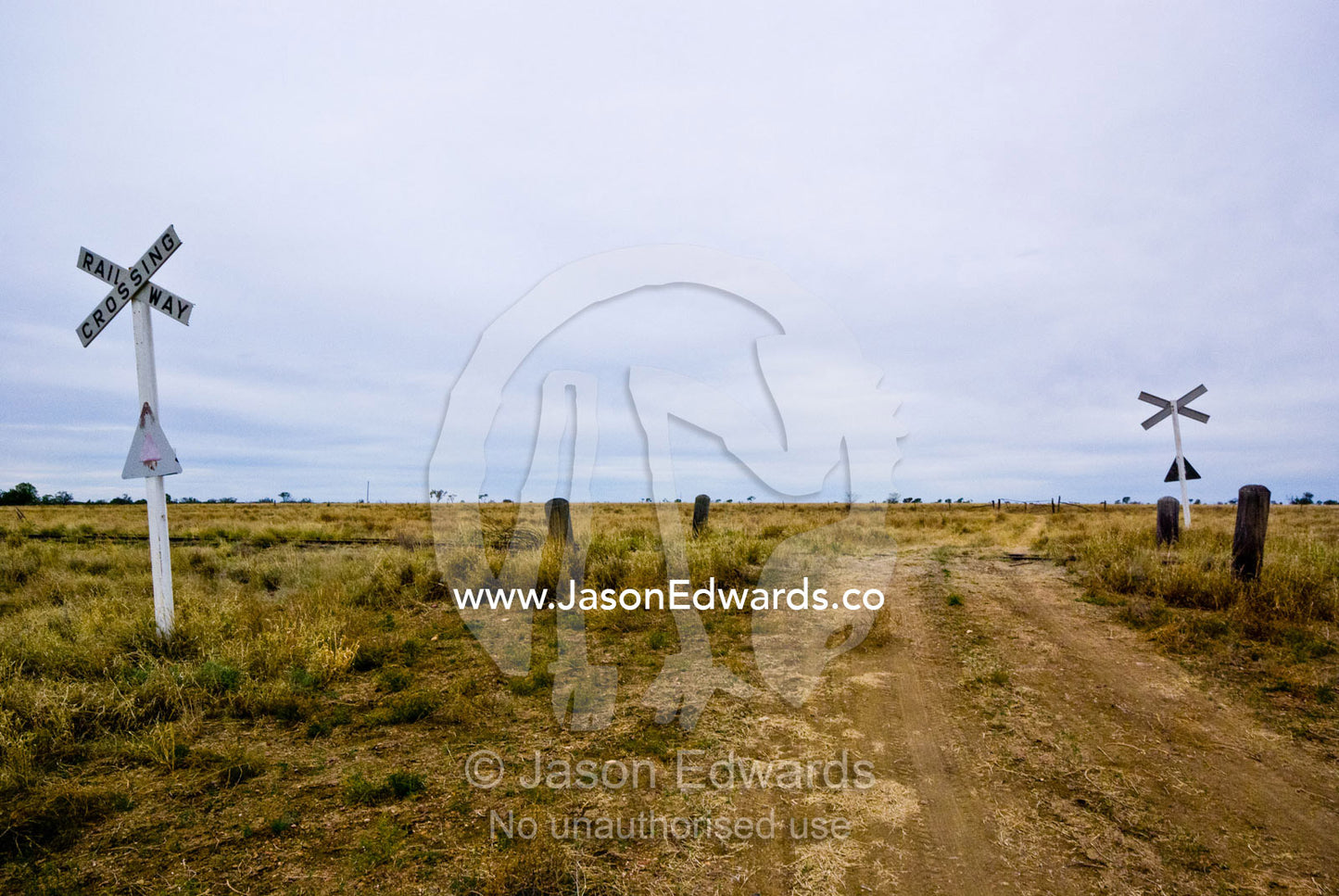 A track crosses a remote outback railway line on a featureless plain. Kennedy Developmental Road, near Hughenden, Queensland, Australia