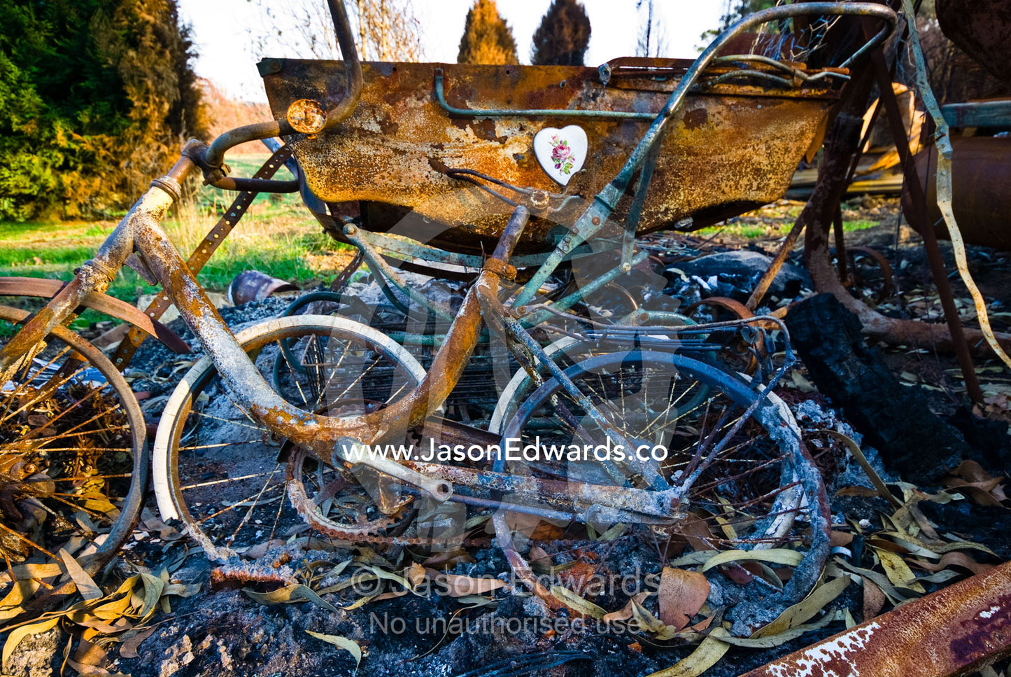 Children's bicycles and a dolls stroller destroyed by a forest fire. Kinglake Central, Victoria, Australia