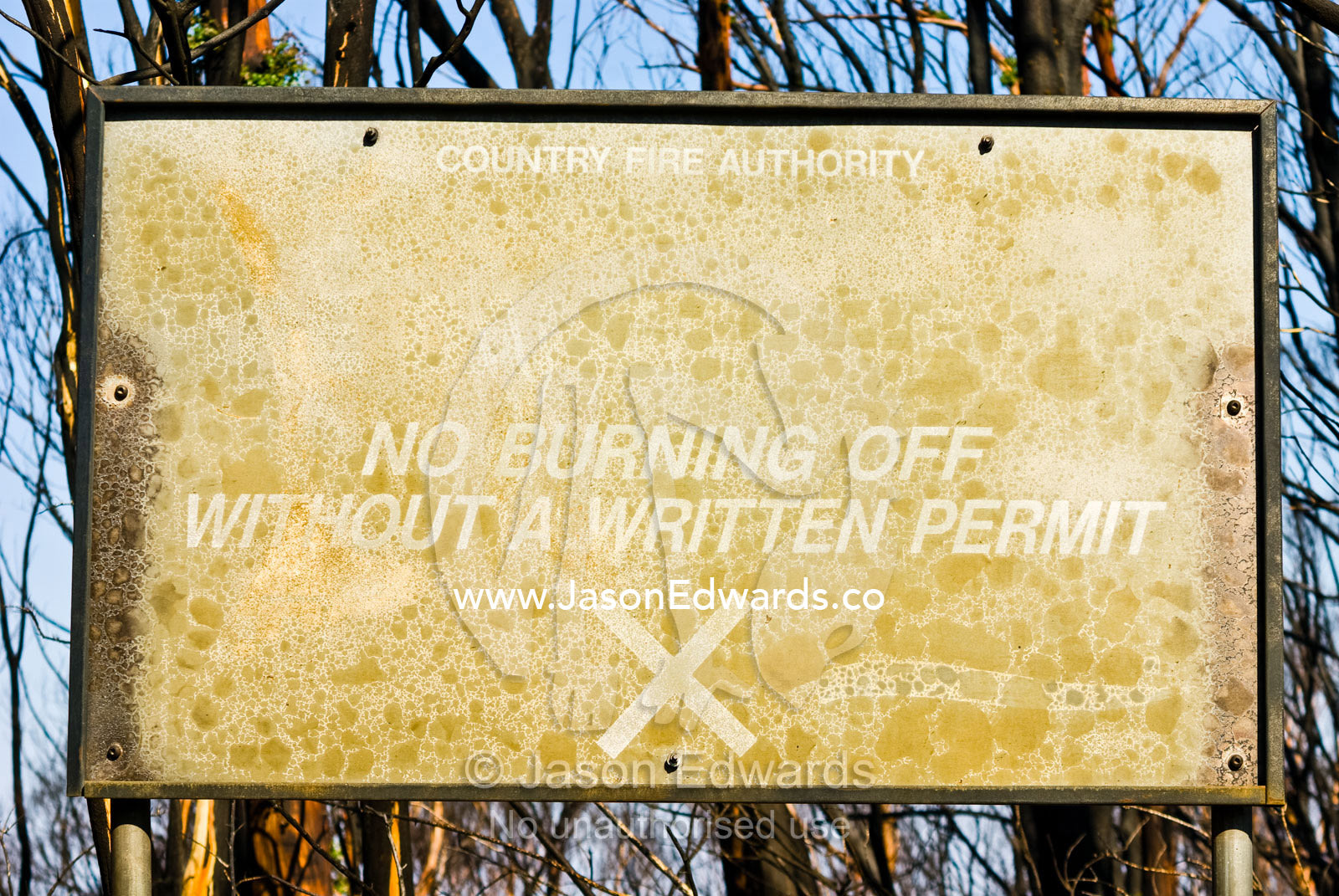 An official fire restriction sign in a national park destroyed by fire Kinglake National Park, Victoria, Australia