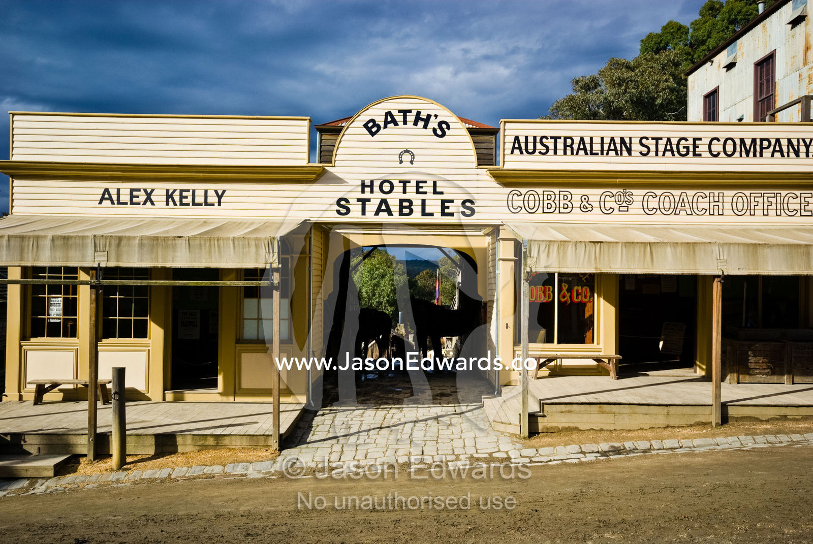 Antique stables house horse teams for pulling wagons and coaches. Ballarat, Victoria, Australia.
