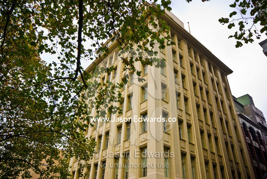 Windows in an Art Deco apartment building in a tree lined city street. Flinders Lane, Melbourne, Victoria, Australia