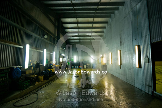 A corrugated stainless steel mechanics workshop and 4wd and bus wash. Mount Hotham Alpine Resort, Victoria, Australia