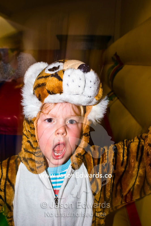 A small boy dressed as a tiger at a childrens play center roars loudly Hawthorn, Victoria, Australia