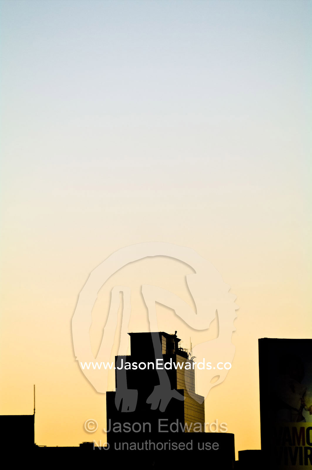 The silhouette of stark buildings on a city skyline at sunset. Santiago, Chile from the Plaza Italia, Providencia District