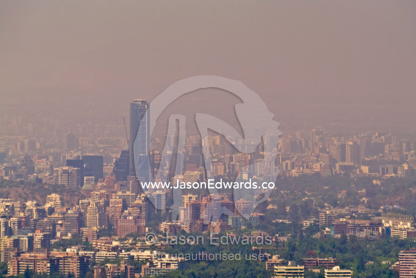 Summer smog and pollution in Santiago's suburbs and business district. Santiago, Chile from Santa Maria de Manquehue