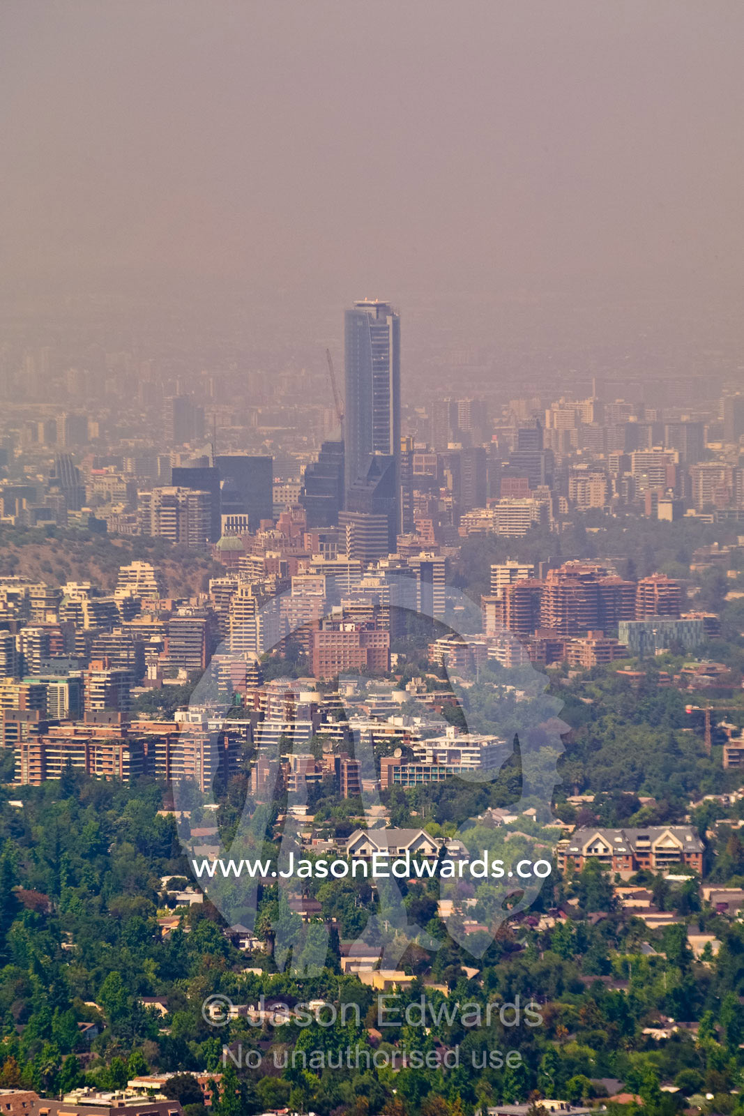 Summer smog and pollution in Santiago's suburbs and business district. Santiago, Chile from Santa Maria de Manquehue