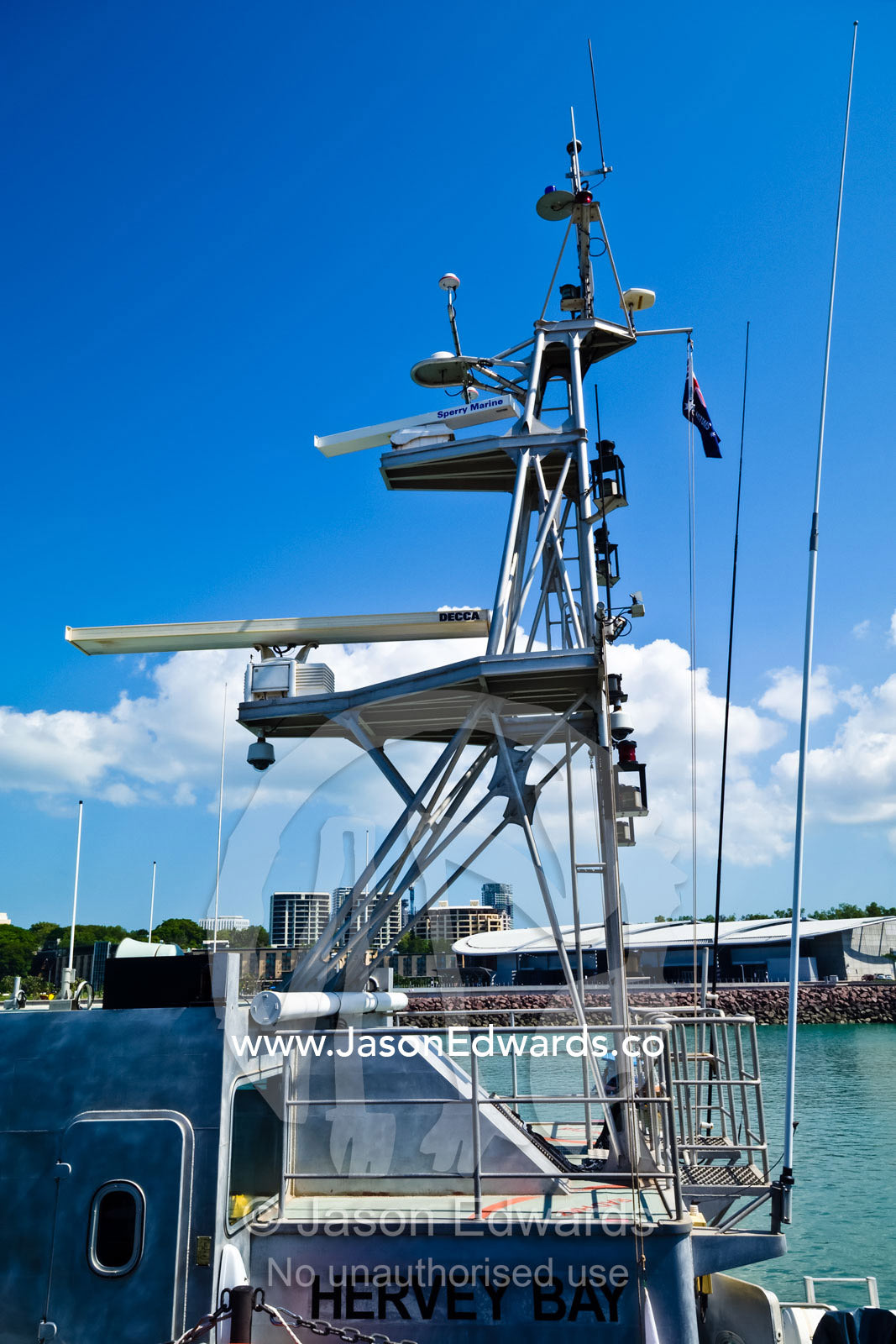 A radio and satellite tower on the Customs vessel the Hervey Bay. Darwin Waterfront, Darwin, Northern Territory, Australia