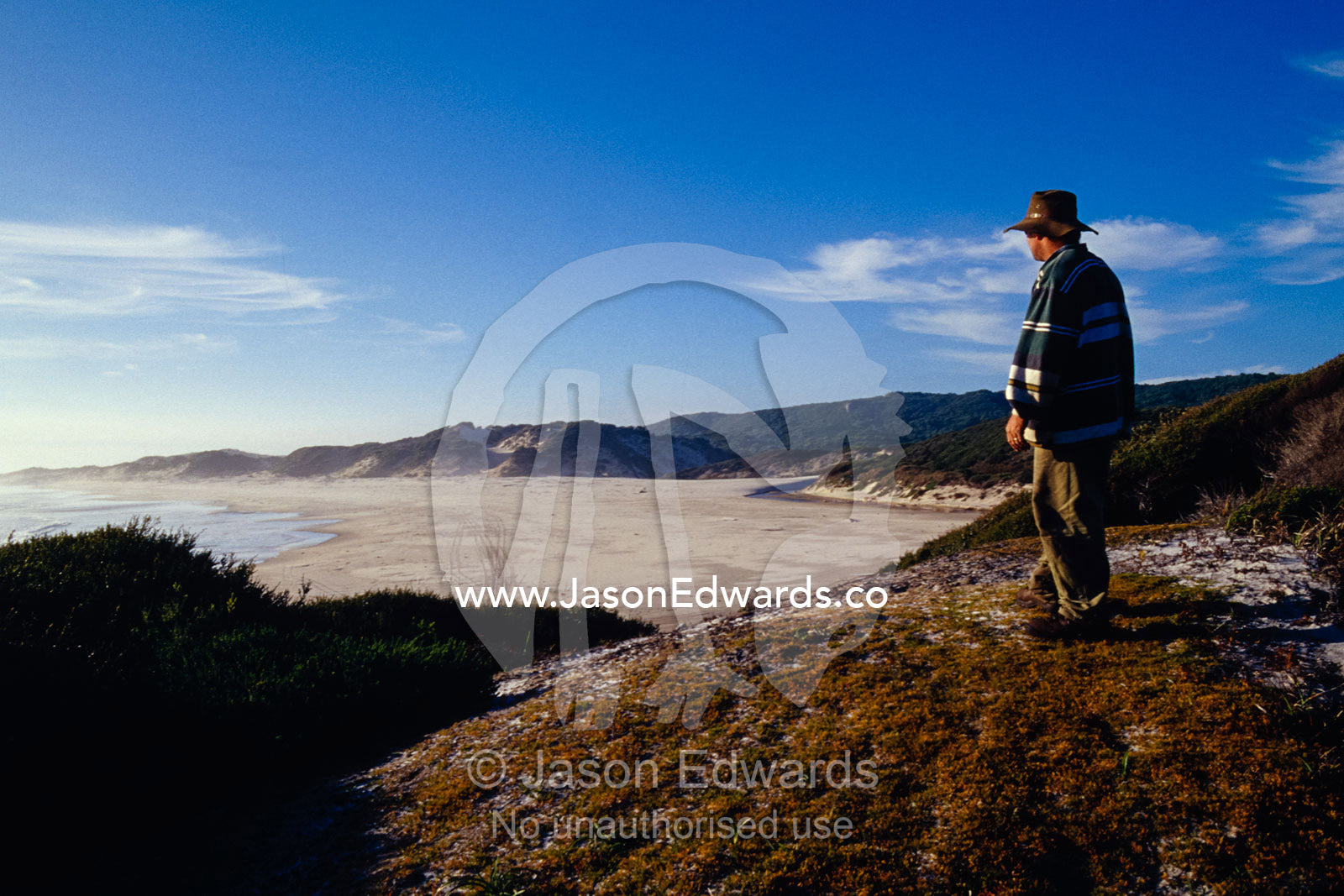 A man looks down upon a remote and rugged coastline from a hilltop. South West Conservation Area, Tasmania, Australia