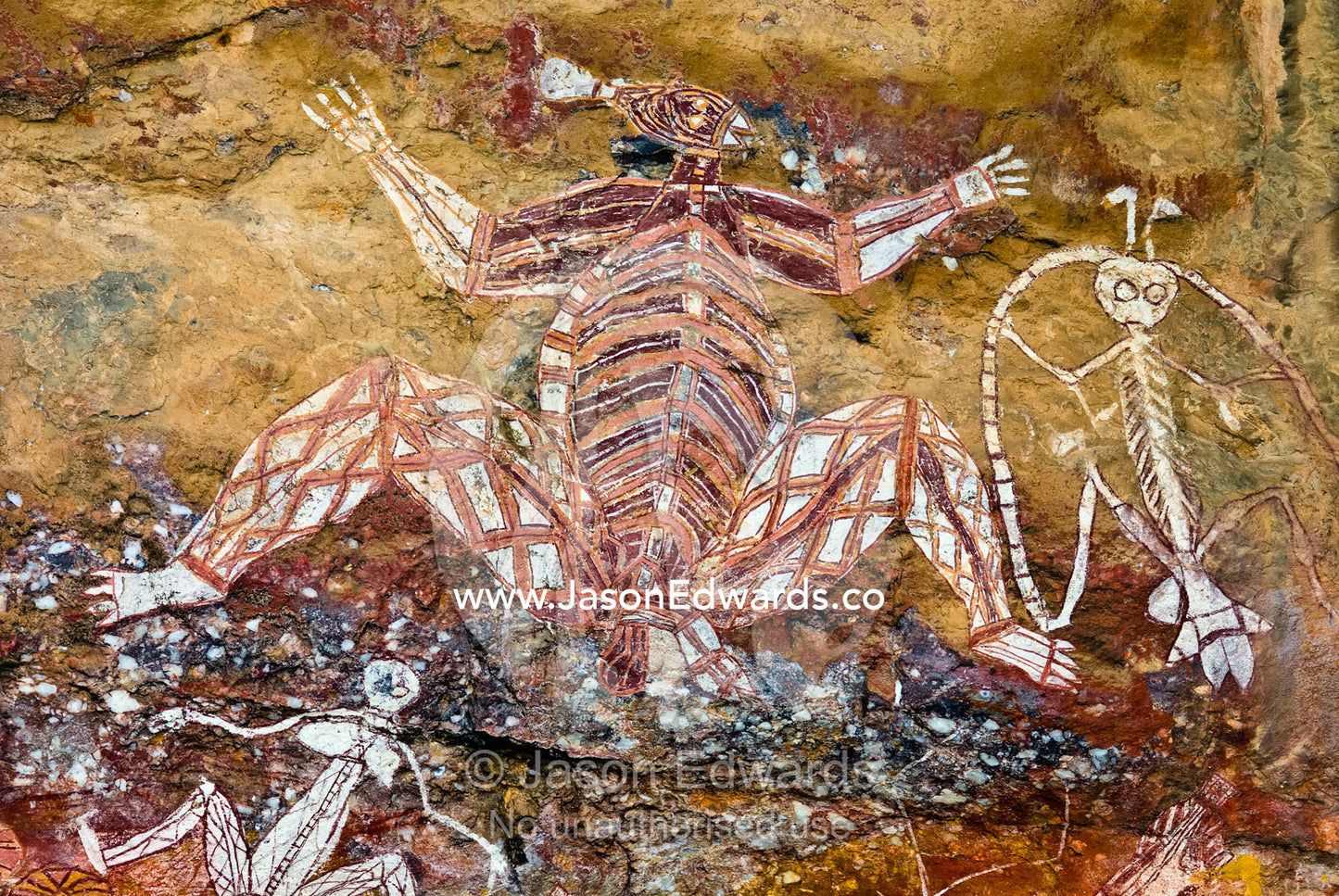 Aboriginal rock art depicts Namondjok and Namarrgon, the Lightning Man. Nourlangie, Nawurlandja, Anbangbang Billabong, Kakadu National Park, Northern Territory, Australia.