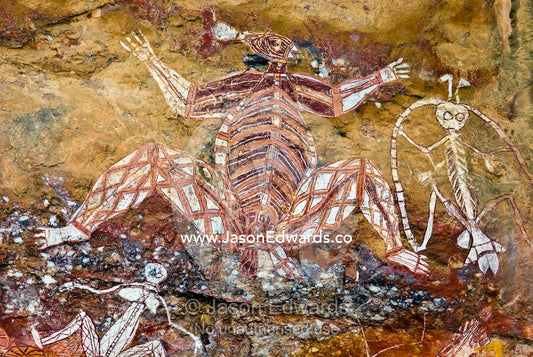 Aboriginal rock art depicts Namondjok and Namarrgon, the Lightning Man. Nourlangie, Nawurlandja, Anbangbang Billabong, Kakadu National Park, Northern Territory, Australia.