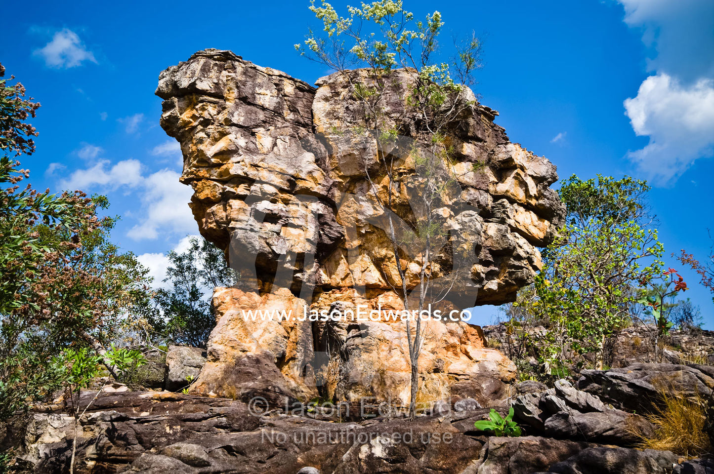 A weathered and rugged boulder outcrop rises from a sandstone plateau. Litchfield National Park, Northern Territory, Australia.
